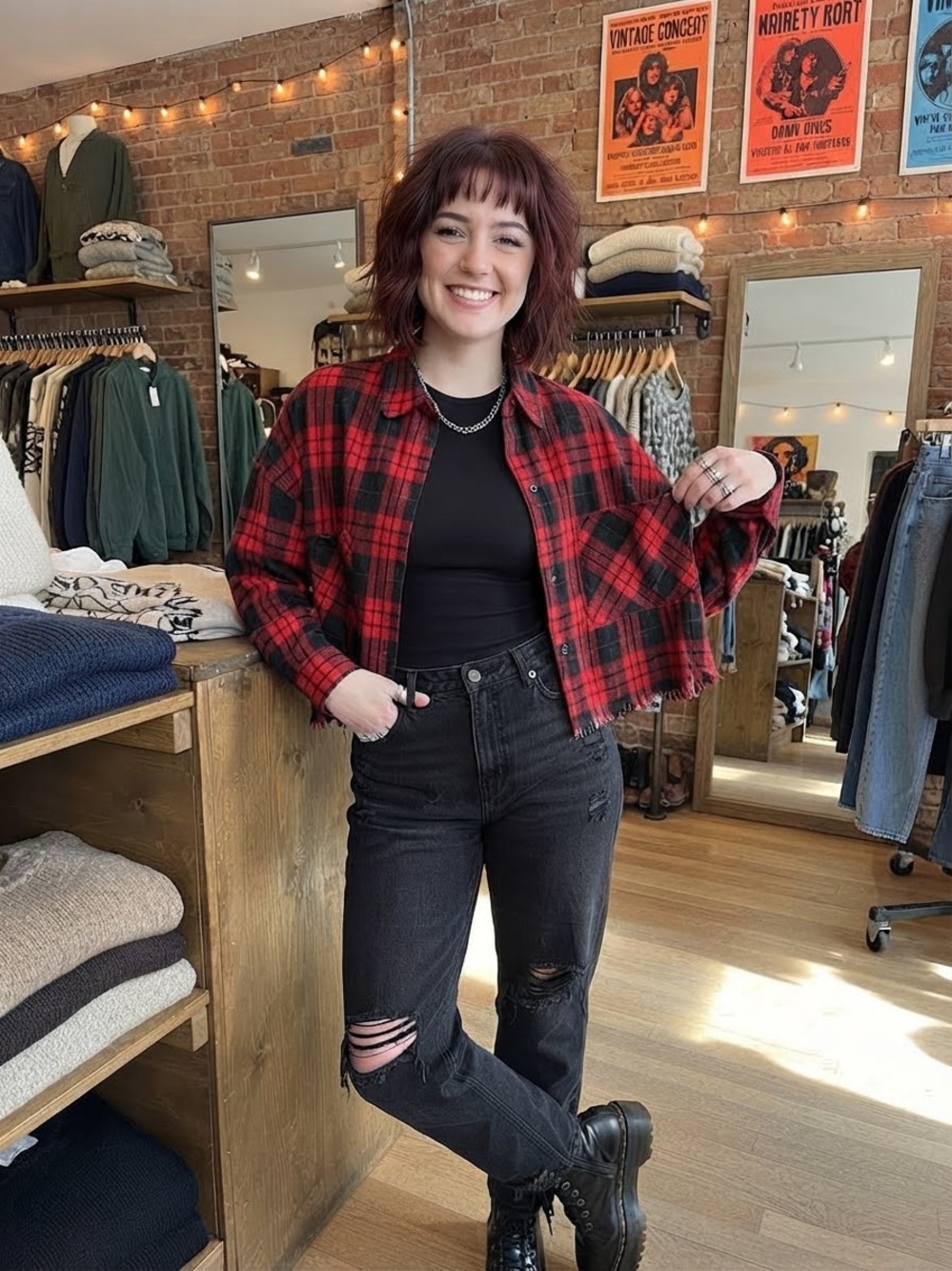 HYFVE Red & Black Plaid Cropped Button-Front Jacket